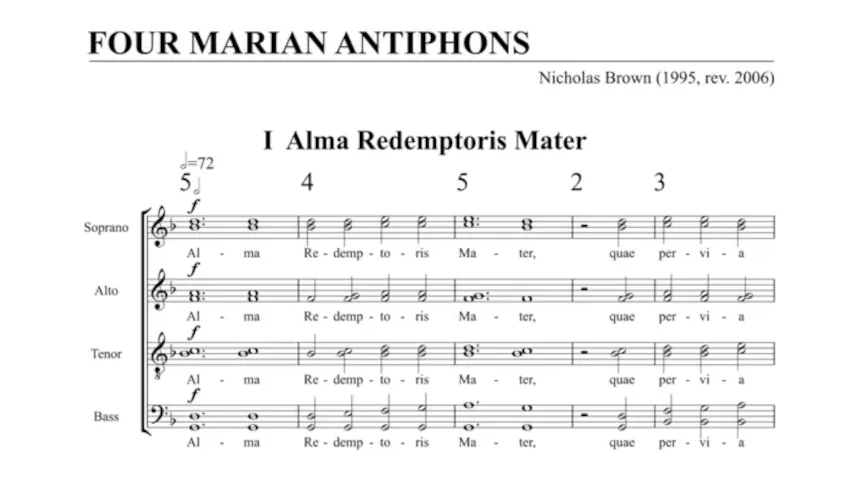 Score excerpt from Four Marian Antiphons, showing the opening of I Alma Redemptoris Mater for SATB choir with text underlay