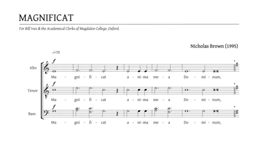 Score excerpt from Magnificat, showing the opening for alto, tenor, and bass voices with text Magnificat anima mea Dominum