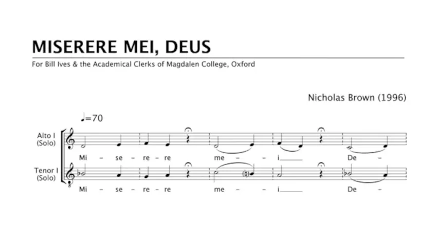 Score excerpt from Miserere Mei, Deus, showing the opening for Alto I Solo and Tenor I Solo with text Miserere mei Deus
