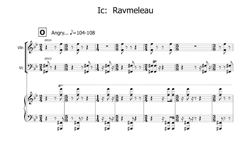 Score excerpt from The House of the Hanged Man, section Ic: Ravmeleau, for violin, cello, and piano