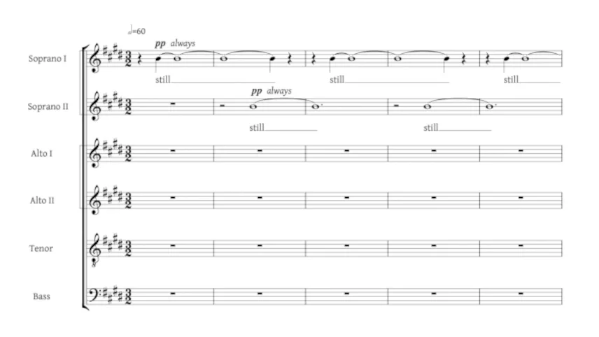 Score excerpt from Stillness, movement II, for six-part choir with sustained notes marked still