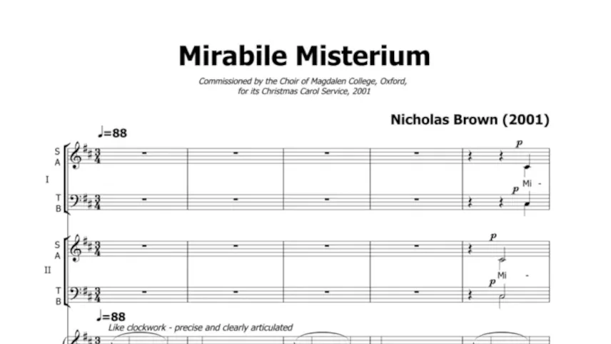 Score excerpt from Mirabile Misterium, showing the opening for double SATB choir and organ