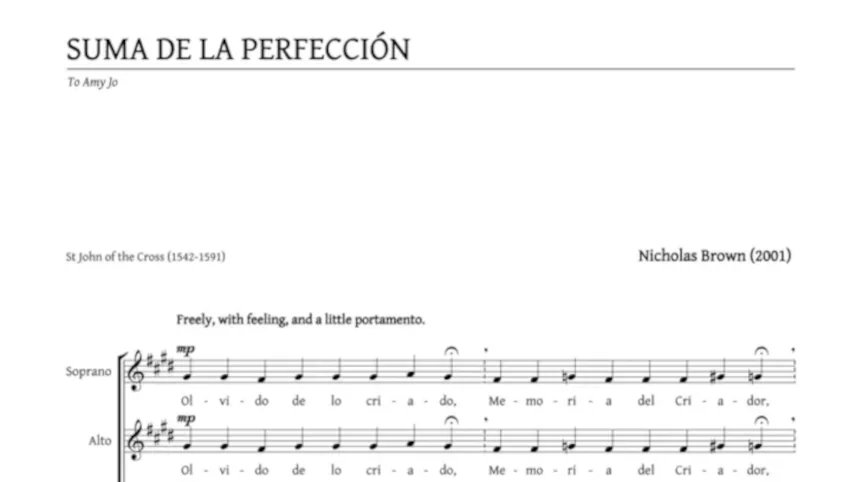 Score excerpt from Suma de la Perfección, showing the opening for soprano, alto, and tenor voices.