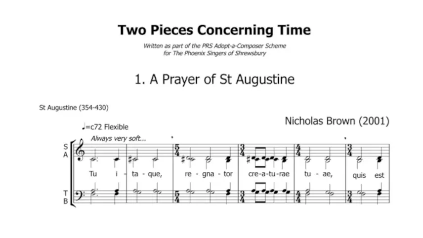 Score excerpt from Two Pieces Concerning Time, showing the opening of 1. A Prayer of St Augustine for SATB choir.