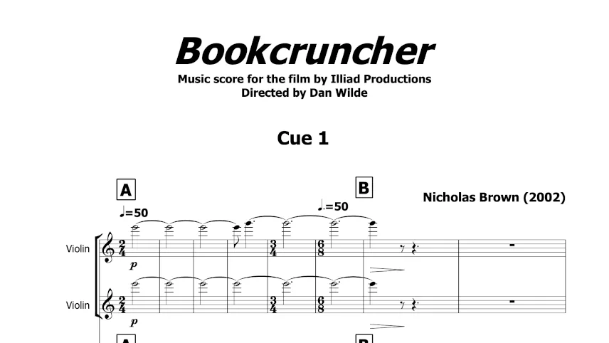 First page of the score of Bookcruncher showing initial string entry with piano part entering six bars  later.