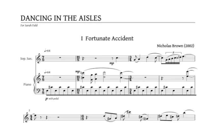 Score excerpt from Dancing in the Aisles, showing the opening of movement I Fortunate Accident for soprano saxophone and piano