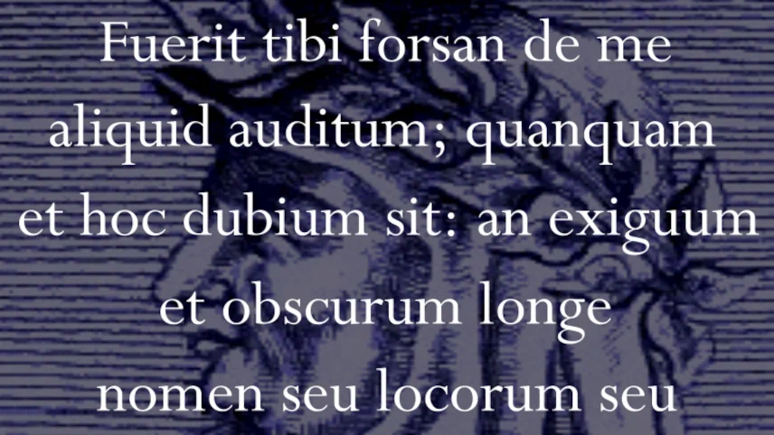 White Latin text overlaid on a dark textured background with a faint engraved portrait of Petrarch beneath, reading a passage beginning Fuerit tibi forsan de me aliquid auditum