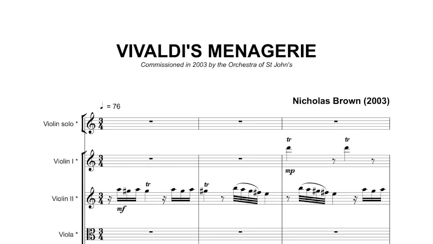 Score excerpt from Vivaldi's Menagerie, showing the opening for violin solo, violin I, violin II, viola, cello, and bass