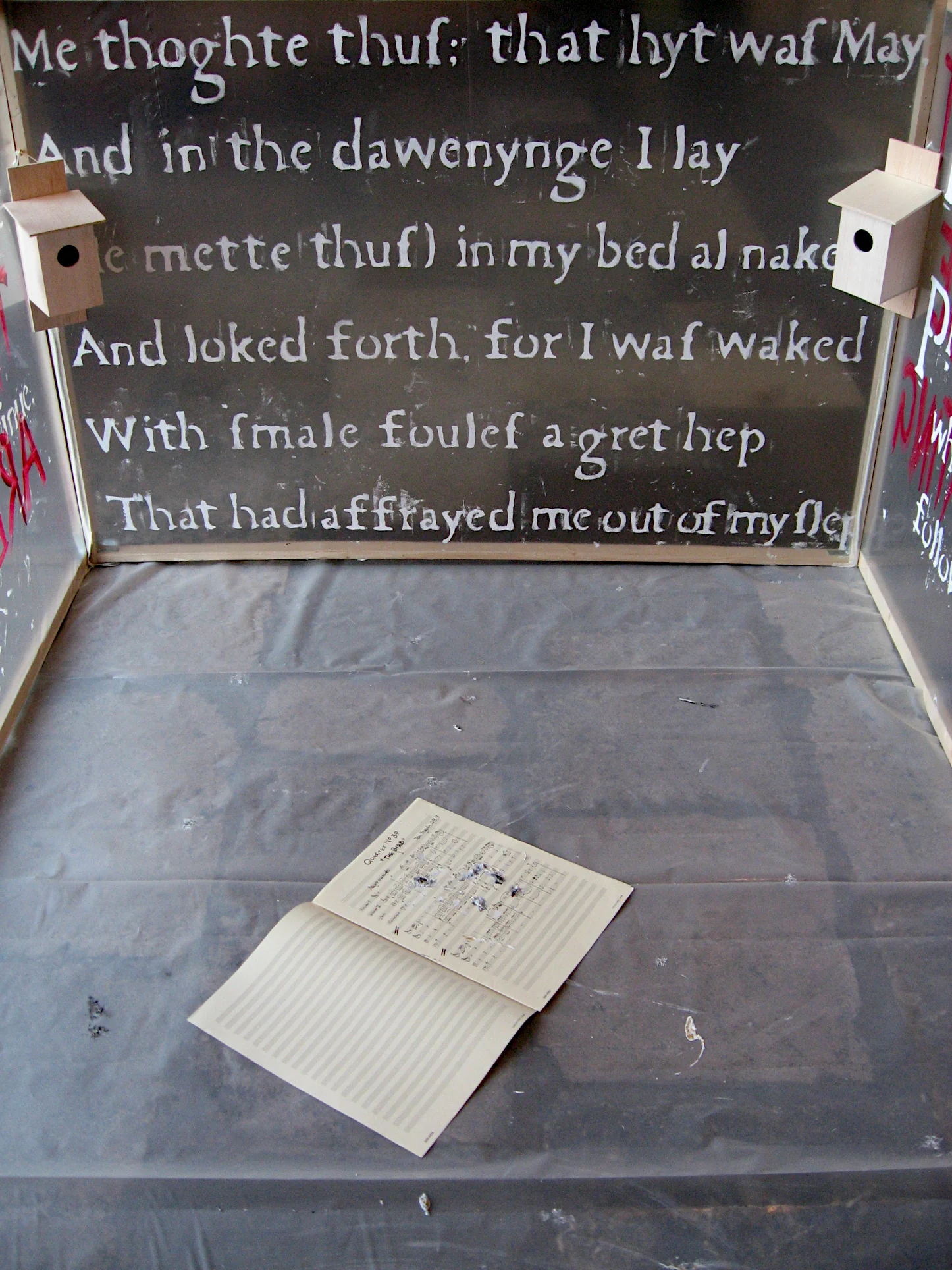 Interior view of Bird Chamber showing polythene floor and manuscript score, Old Royal Naval College, Greenwich, 2009