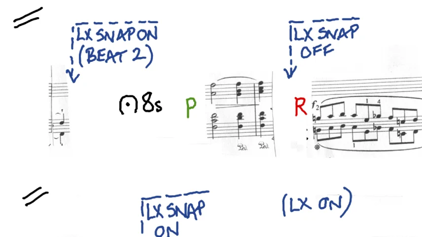 Score excerpt from Nocturne showing lighting direction cues inserted into a piano score of a fragment from Chopin