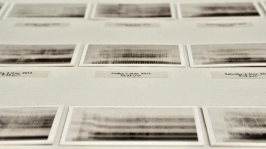 Display cabinet showing printed spectrogram images from Chant