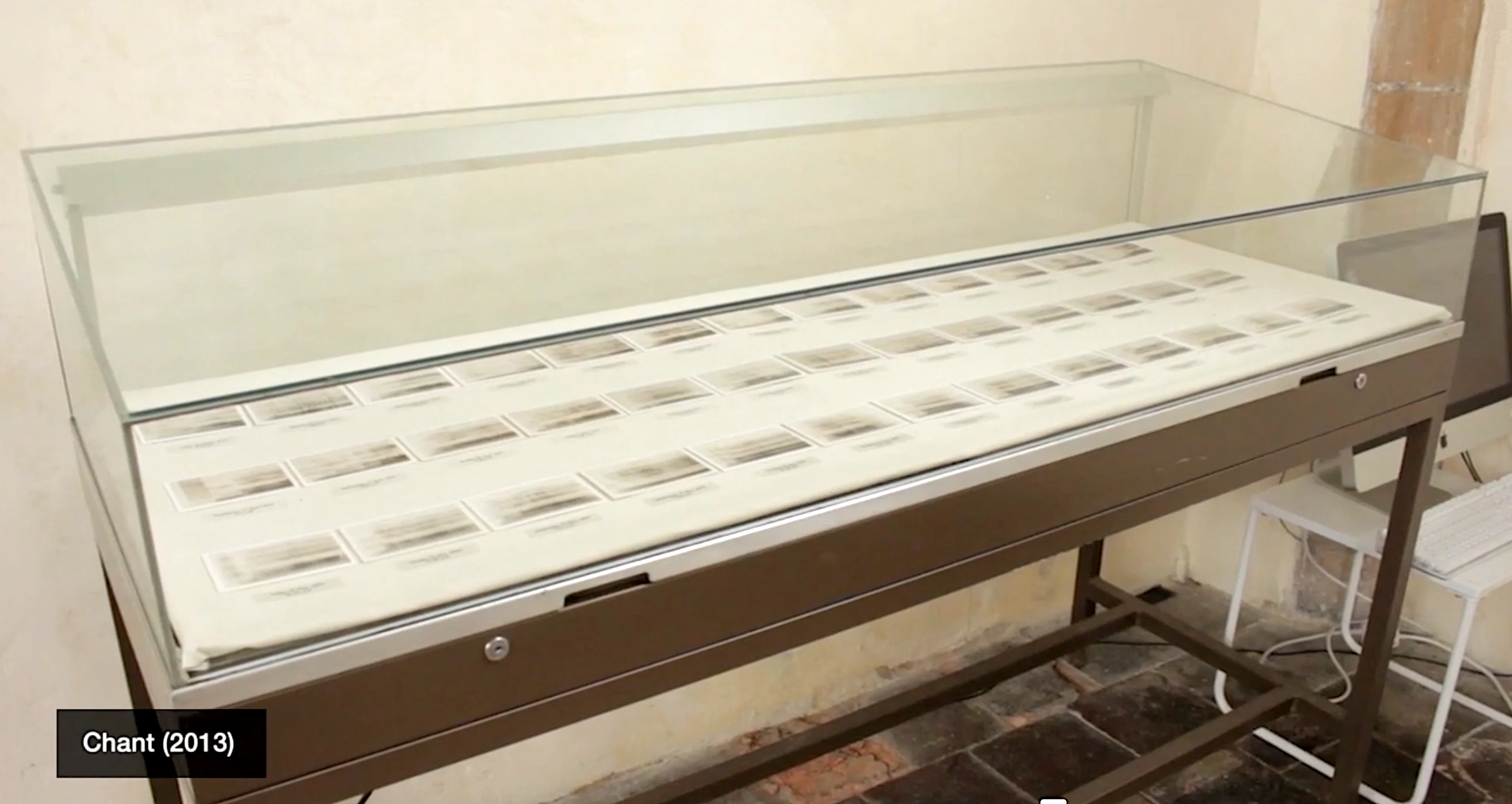 Display cabinet showing printed spectrogram images from Chant