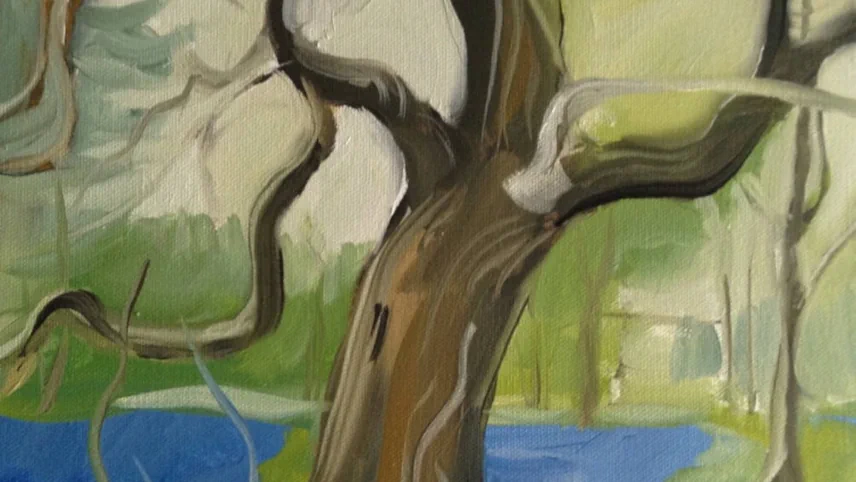 Oil painting of a large gnarled tree trunk rising from a flooded woodland landscape, with blue water and green foliage