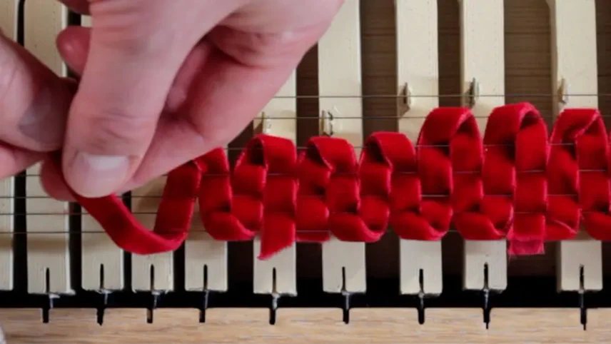 Close-up of a hand threading listing ribbon through the strings of a clavichord