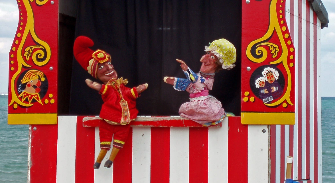 A traditional Punch and Judy booth, at Swanage, Dorset, England.