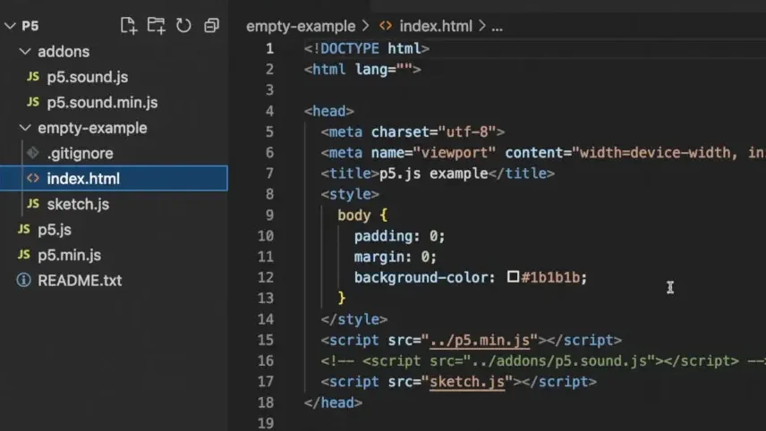 Code editor showing HTML boilerplate with p5.js script tags