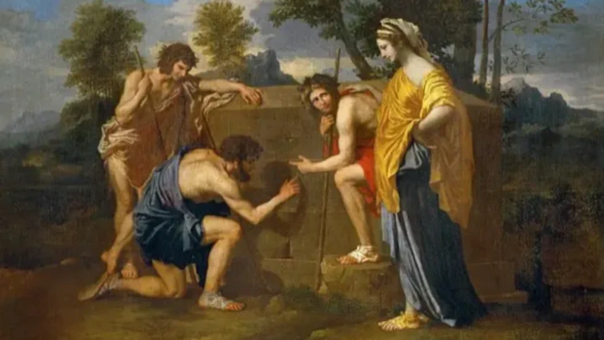 Nicolas Poussin's painting Et in Arcadia Ego (c.1637–38): three male figures and a woman in classical dress gathered around a stone tomb, one man tracing an inscription with his finger