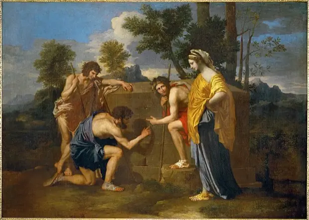 Nicolas Poussin's painting Et in Arcadia Ego (c.1637–38): three male figures and a woman in classical dress gathered around a stone tomb, one man tracing an inscription with his finger