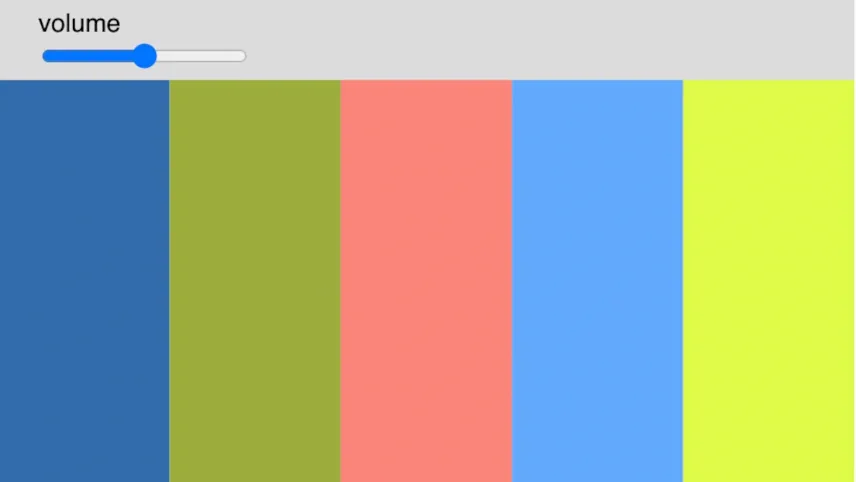 p5.js sketch with a volume slider above two coloured rectangles, blue and olive green