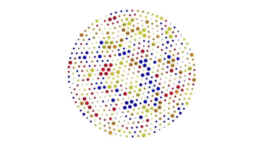 Abstract network diagram showing multicoloured nodes connected by lines in a circular arrangement