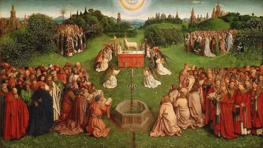 The Adoration of the Mystic Lamb panel from the Ghent Altarpiece by Jan van Eyck: a vast crowd of robed figures converging on a central altar bearing a lamb, with a dove descending above and a Gothic city visible on the horizon