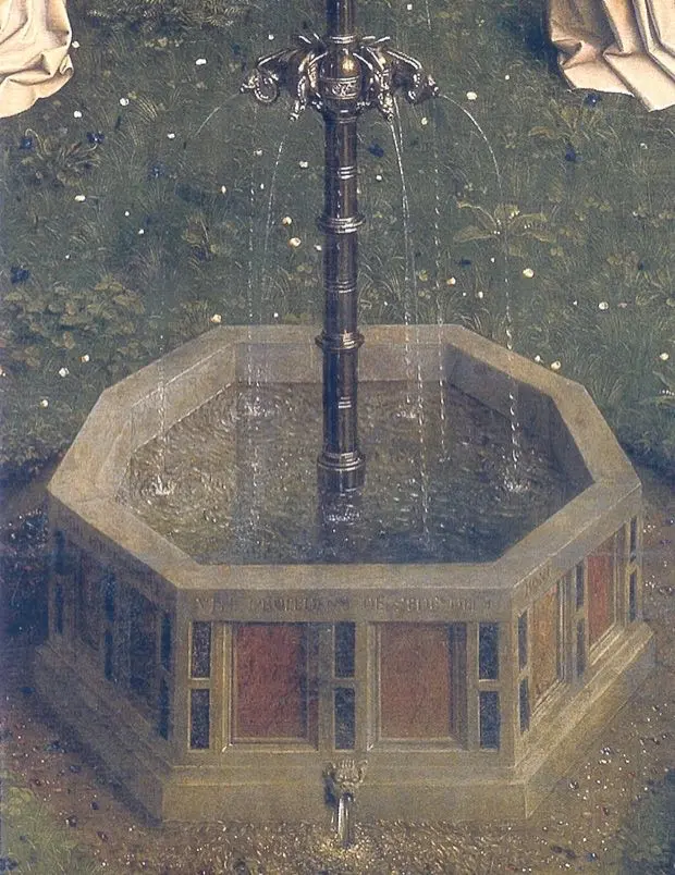 The Fountain of Life panel from the Ghent Altarpiece, showing water jets flowing from an octagonal font