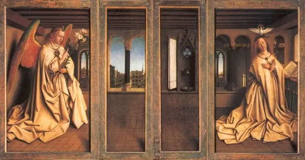 The Annunciation, upper register outer panels of the Ghent Altarpiece, showing the Virgin Mary and the Angel Gabriel in a Gothic interior