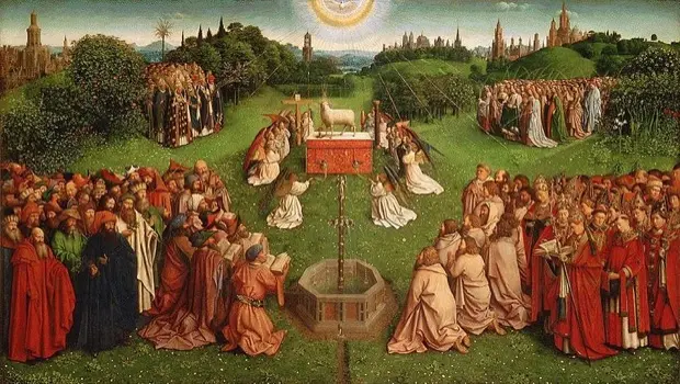The Adoration of the Mystic Lamb, lower register central panel of the Ghent Altarpiece, showing a crowd gathered around an altar bearing a lamb