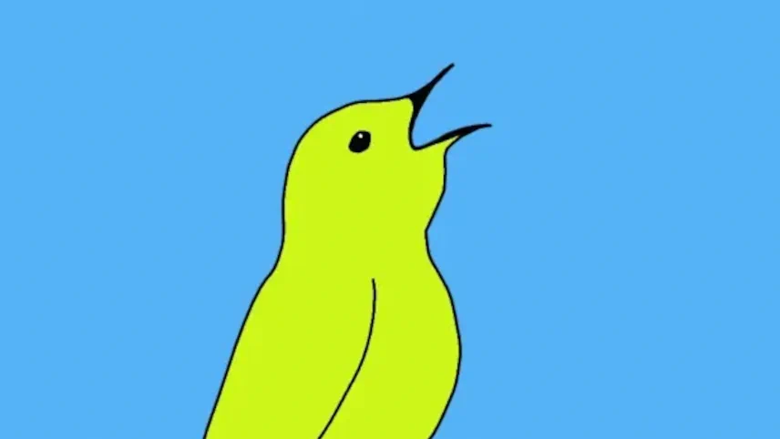 Illustrated cartoon bird singing on a branch with a sun in the background