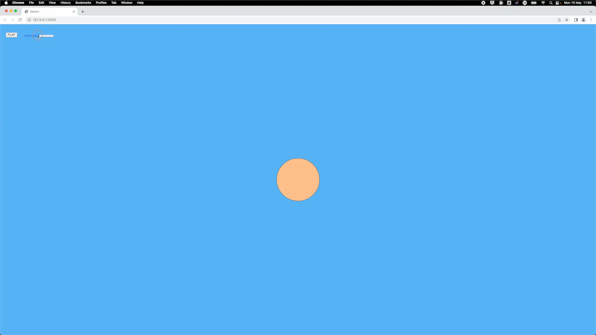 Small orange circle rendered at the centre of the canvas, sized by the volume slider value