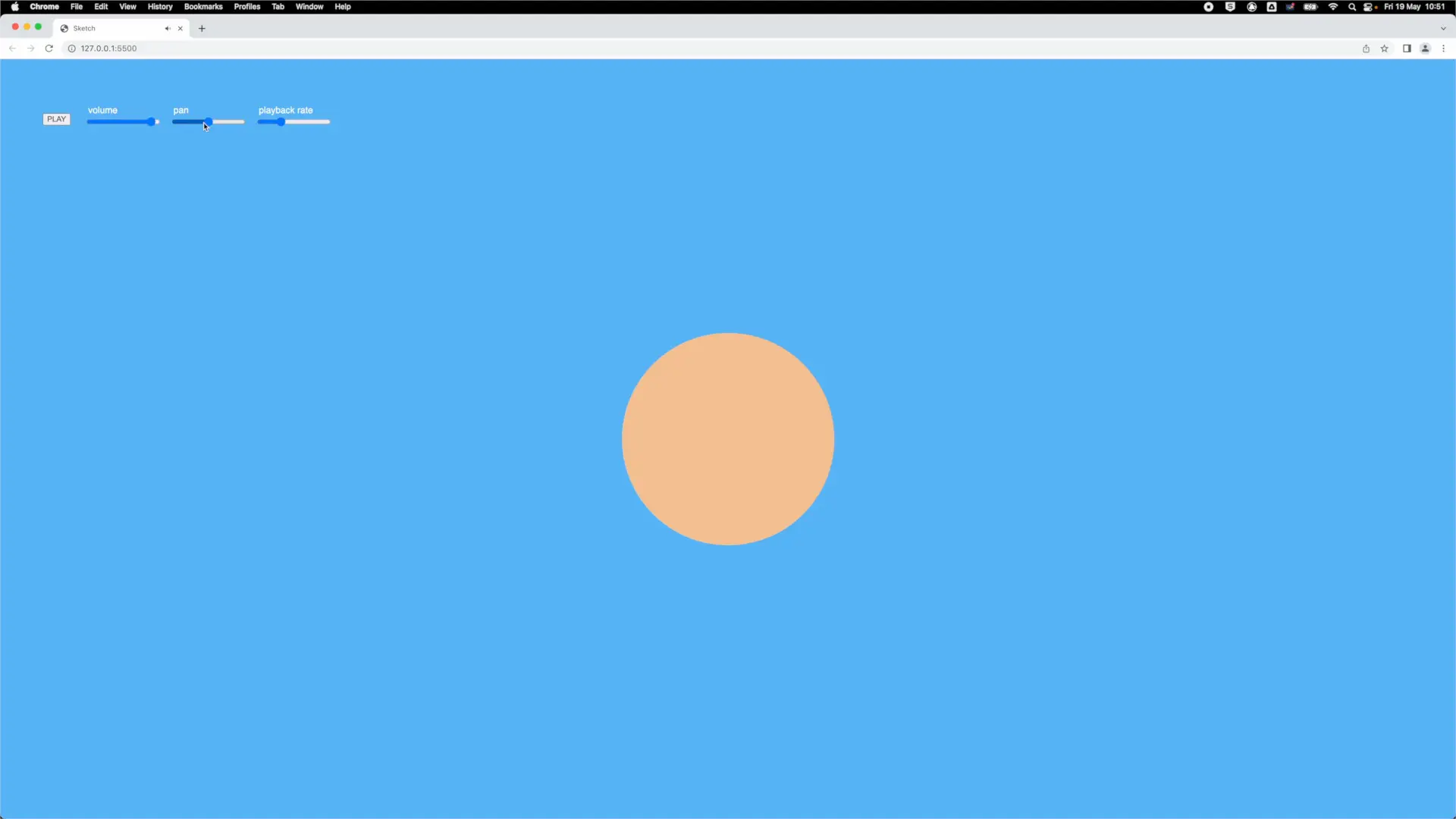Finished sketch in the browser with PLAY button, volume, pan, and playback rate sliders, and an orange circle at the centre