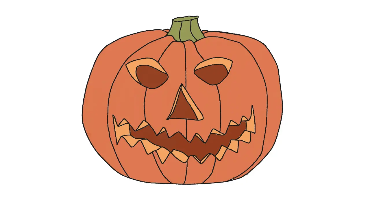 A flat-style digital illustration of a carved Halloween jack-o-lantern with triangular eyes, a triangular nose, and a jagged grinning mouth, on a white background